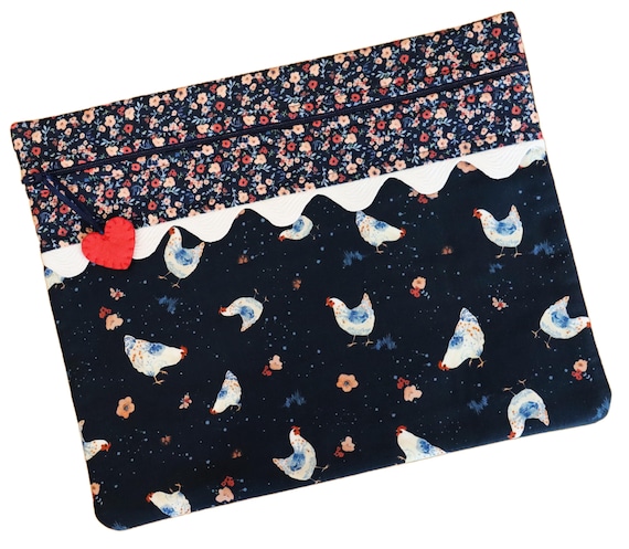 Floral Hens on Navy Cross Stitch Project Bag