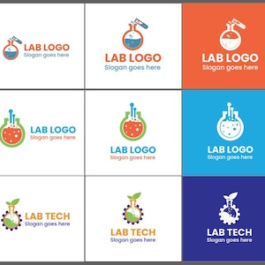 May include: A collection of nine logos featuring a laboratory flask design. Each logo includes the text "LAB LOGO" or "LAB TECH" with the tagline "Slogan goes here." The flasks are depicted in various colors, including blue, orange, green, and white, set against different colored backgrounds.