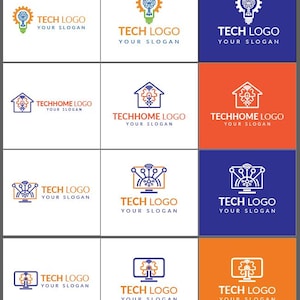 May include: Nine tech-themed logos on a white background, each with a unique design. Logos include a lightbulb, house, and computer monitor, all incorporating gear and brain elements. Each logo has the text "TECH LOGO" and "YOUR SLOGAN".
