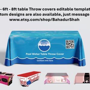 Op de afbeelding: Blauwe tafelkleed met een zwembadwaterontwerp, met de tekst "Pool Water Table Throw Cover". De afbeelding toont ook voorbeelden van aangepaste tafelkleedontwerpen en de tekst "4ft - 6ft - 8ft table Throw covers editable templates."