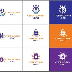 Peut inclure: Plusieurs logos de cybersécurité. Les logos présentent un engrenage, un cadenas et un bouclier, avec le texte "CYBER SECURITY LOGO". La palette de couleurs comprend le bleu, l'orange, le violet et le blanc.