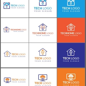 May include: A collection of tech logos featuring a house icon with a Wi-Fi symbol, a gear, and a computer monitor. Each logo includes the text "TECH LOGO" and "YOUR SLOGAN" in a clean, modern font. The logos are set against various colored backgrounds.