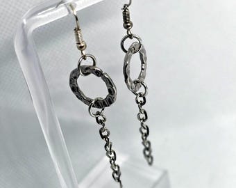 Hammered Ring Chain Drops — Handmade Earrings with Vintage Beads