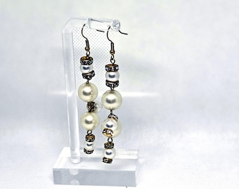 Pearl Rhinestone Bar Dangles — Handmade Earrings with Vintage Beads