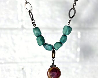 Silver Turquoise Rose Drop Necklace — Handmade Necklace with Vintage Beads