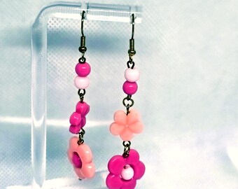 Pink Garden Party Dangles Plastic but Sturdy and Cutesy — Handmade Earrings with Vintage Beads