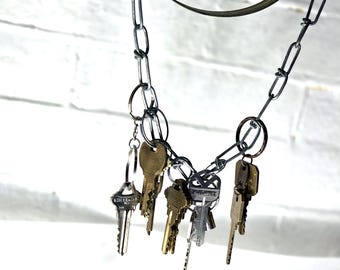 Handmade Vintage Key Pendant Necklace – Chunky Steel Chain, Repurposed Keys
