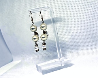 Bronze Pearl Stick Dangles — Handmade Earrings with Vintage Beads