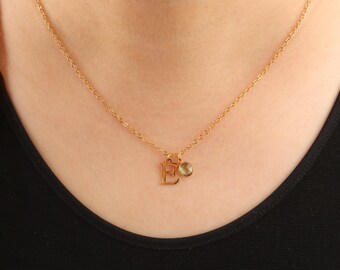 Initial Necklace with Birthstone, Custom Initial Necklace, Letter Necklace, Birthstone Necklace, Personalized gift for Her
