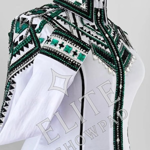 Elite White base green crystal Western Show Shirt Horsemanship Shirt Showmanship Shirt Handmade Show Shirt Custom Size .