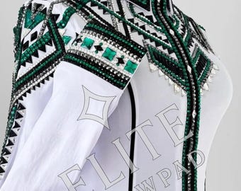 White Western Show Shirt: Green Crystal Horsemanship Showmanship Shirt