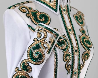 White & Golden Western Show Shirt, Rhinestone Horsemanship Apparel
