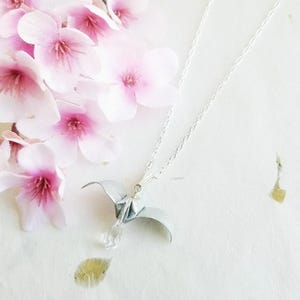 Japanese Origami Jewelry - Medium Origami Crane Necklace with Swarovski Crystal Teardrop and 925 Sterling Silver No.04219 Good Luck Get Well