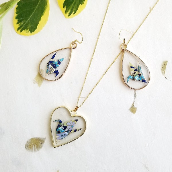 Set of Japanese Origami Earrings and Necklace with resin and gold plated frames No.04120 Good Luck Get Well