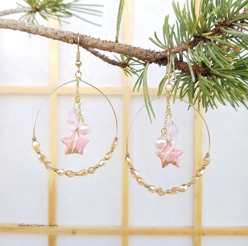 Japanese Origami Jewelry Kawaii Origami Star Earrings with 1.75 inch Hoops and Surgical Steel Hooks No.04031