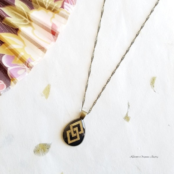 Japanese Origami Paper Kamon (Family Crest) Resin Necklace Pendant with Antique Gold Toned Teardrop Frame No. 04096