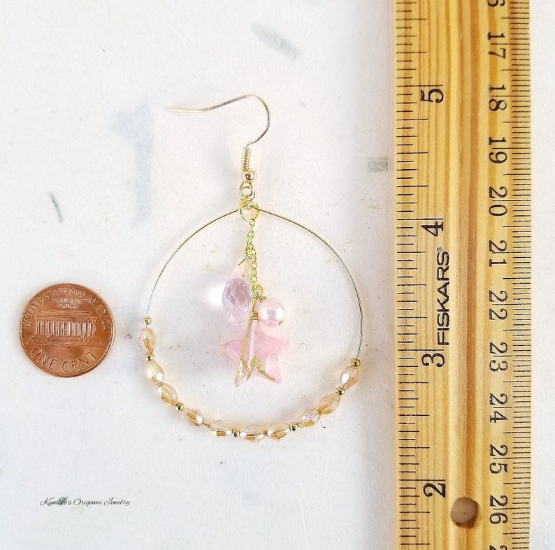 Japanese Origami Jewelry Kawaii Origami Star Earrings with 1.75 inch Hoops and Surgical Steel Hooks No.04031