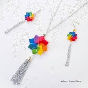 Set of Japanese Origami Rainbow Wreaths Earrings & Necklace Lead Free Nickel Free No.03764