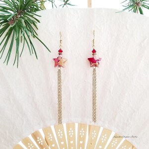 Japanese Origami Jewelry - Kawaii Origami Shooting Star Earrings (Maroon) with 1.75 in Chains, Swarovski, and Surgical Steel Hooks No.04040
