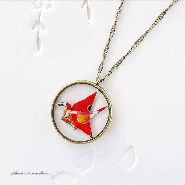Japanese Origami Crane Resin Necklace Pendant with Antique Gold Toned Brass Good Luck Gift Get Well Gift No. 03767