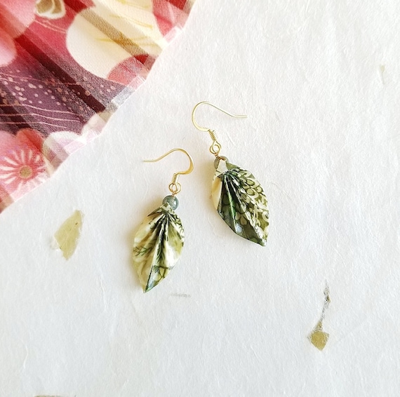Origami Jewelry - Japanese Origami Kawaii Leaf Earrings (Small) with Surgical Steel Hooks No. 04152
