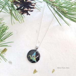 Japanese Origami Crane Resin Necklace Pendant with Plated Silver Frame Good Luck Gift Get Well Gift No. 04091