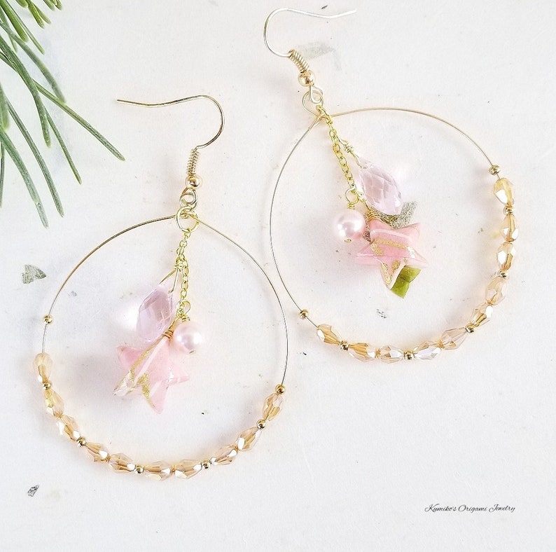 Japanese Origami Jewelry Kawaii Origami Star Earrings with 1.75 inch Hoops and Surgical Steel Hooks No.04031