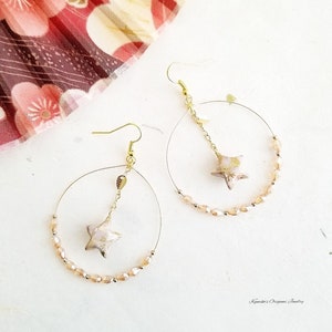 Japanese Origami Jewelry - Kawaii Origami Star Earrings with 1.75 inch Hoops and Surgical Steel Hooks No.04039