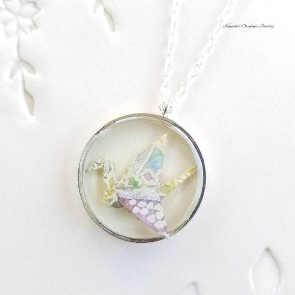 Japanese Origami Crane Resin Necklace Pendant with Plated Silver Frame Good Luck Gift Get Well Gift No. 03993