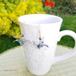 Origami Jewelry - Japanese Origami Crane Earrings with Plated 14KG & Swarovski Crystals Get Well Gift Good Luck No.03941