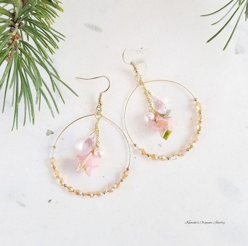Japanese Origami Jewelry Kawaii Origami Star Earrings with 1.75 inch Hoops and Surgical Steel Hooks No.04031