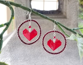 Origami Jewelry - Origami Heart Earrings with Wavy Loops, Swarovski Crystals & Surgical Steel Hooks No.03748