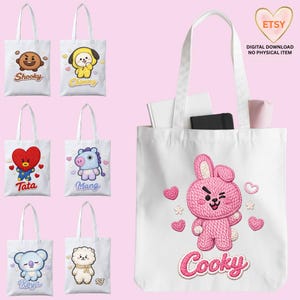 Peut inclure: Sacs fourre-tout blancs avec des personnages de dessins animés brodés, dont un lapin rose nommé Cooky, et d'autres personnages comme Shooky, Chimmy, Tata, Mang, Koya et RJ. Les sacs ont de longues anses, parfaits pour transporter des objets.