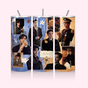 May include: A set of three stainless steel tumblers with images of a man in various outfits. The tumblers have a straw and a lid. The background is a collage of images and text.