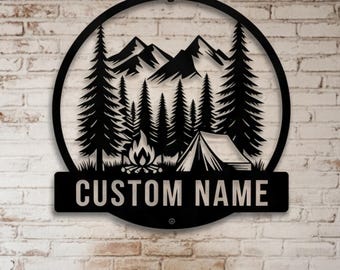 Custom Mountain Camping Wall Art, Metal Forest Tent Round Sign, Lake House Decor, Rustic Adventure Gift for Him, Outdoor Living Space Art