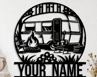 Gepersonaliseerde RV Camping metalen bord, custom camping identificatie decor, roadtrip cadeau voor kampeerders, outdoor home trailer kunst aan de muur