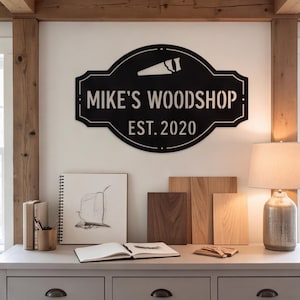 May include: A black metal wall sign with an oval-shaped border featuring the text MIKE'S WOODSHOP and EST. 2020 in a stencil-style font. A graphic of a hand saw is positioned above the text. The sign is mounted on a light-colored wall.