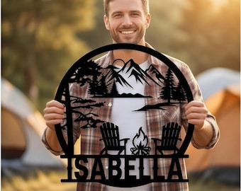 Benutzerdefinierte Bergsee Wandkunst, Camping Wald Metalldekor, Willkommen in der Kabine Schild, personalisiertes Outdoor Geschenk, rustikales Hausschild