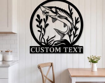 Plaque métallique représentant un esturgeon, cadeau de pêche pour homme, plaque nominative en métal avec motif de poisson, cadeau pour pêcheur, monogramme en métal représentant un esturgeon, monogramme de pêche au bar