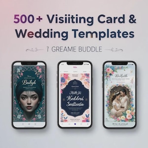 Pode incluir: Três smartphones exibindo modelos de convites de casamento. As telas exibem desenhos florais, retratos e texto. O texto superior diz "500+ Visiiting Card & Wedding Templates" e "7 GREAME BUDDLE".
