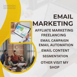 Puede incluir: Imagen promocional de servicios de marketing por correo electrónico. El texto incluye "Marketing por correo electrónico", "Marketing de afiliados", "Freelancing" y otros términos relacionados. Una pantalla de portátil muestra un gráfico.