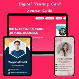 May include: A digital business card design displayed on a laptop, tablet, and smartphone. The tablet shows a card for Morgan Maxwell, and the phone displays a card for Samira Hadid. The text "Digital Visiting Card Source Code" is at the top.