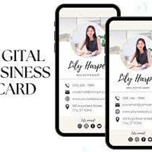 May include: Two smartphones displaying a digital business card design. The card features a photo of a woman, her name "Lily Harper", and contact information. The text "DIGITAL BUSINESS CARD" is on the left.