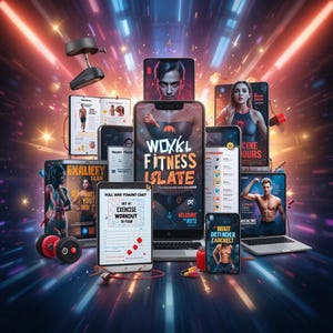 Op de afbeelding: Een digitaal fitnessconcept wordt getoond, met meerdere smartphones, tablets en laptops die trainingsprogramma's weergeven. De apparaten tonen afbeeldingen van mensen die sporten, samen met tekst zoals "WOXKL FITNESS ISLATE" en "WAIT DETINDER CARCKELT". Gewichten en trainingsapparatuur zijn ook zichtbaar.