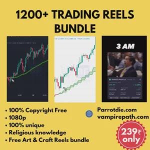 May include: A yellow graphic with the text "1200+ TRADING REELS BUNDLE." The image includes three smaller images of stock charts and a man. Text includes "100% Copyright Free," "1080p," and "Free Art & Craft Reels bundle."