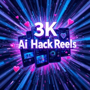 May include: A digital graphic featuring four smartphones displaying various app interfaces, centered with the bold white text 3K Ai Hack Reels. The background consists of vibrant blue and purple light streaks radiating outward with floating pink hearts.