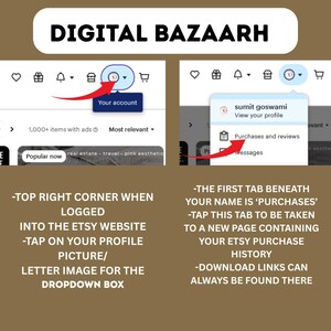 May include: A digital guide on how to navigate the Etsy website. The image shows screenshots with arrows pointing to the profile icon and the 'Purchases and reviews' tab. Text explains how to find purchase history.