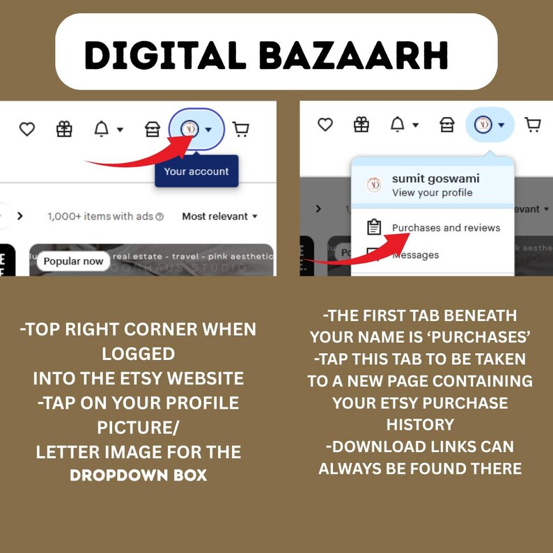May include: A digital guide on how to navigate the Etsy website. The image shows screenshots with arrows pointing to the profile icon and the 'Purchases and reviews' tab. Text explains how to find purchase history.