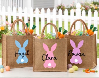 Cesta de Páscoa personalizada com nome e coelhinho da Páscoa, sacola infantil personalizada para caça aos ovos e presentes surpresa festivos.
