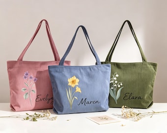 Bolso de pana personalizado, bolso con nombre y flor de nacimiento personalizados, bolso con cremallera de gran capacidad, regalo para damas de honor, regalo del Día de la Madre para ella.